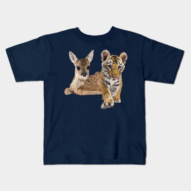 Deer and tiger Kids T-Shirt by obscurite